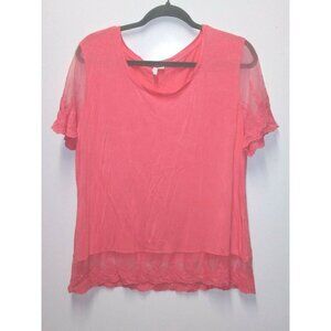 Cato Womens top blouse L/XL Coral Lace trim sheer sleeves stretch knit RELAXED